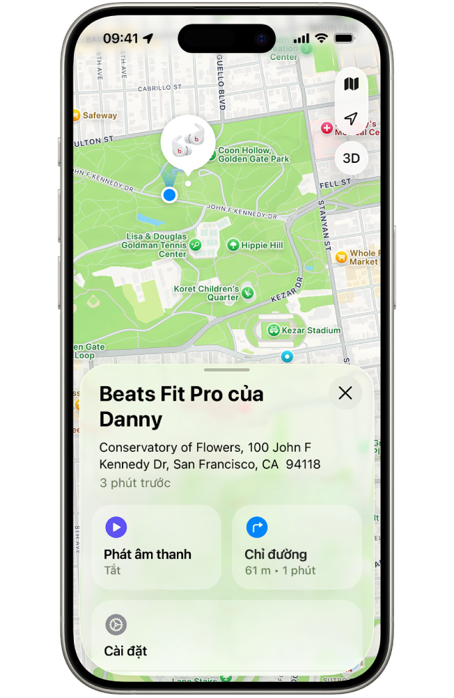 Màn hình ứng dụng Tìm trên iPhone đang hiển thị vị trí của Beats Fit Pro trên bản đồ San Francisco.