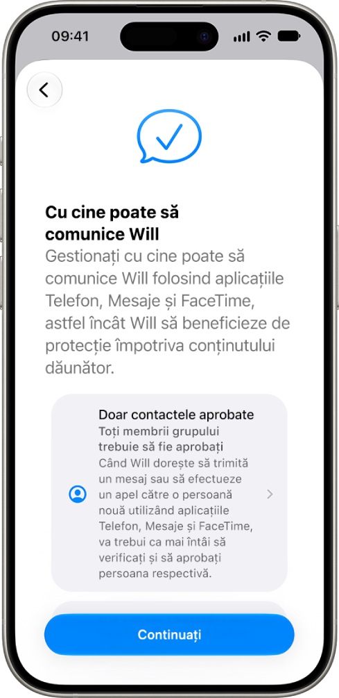 Ecranul de configurare a controalelor parentale afișând opțiuni pentru persoanele cu care poate comunica un copil.