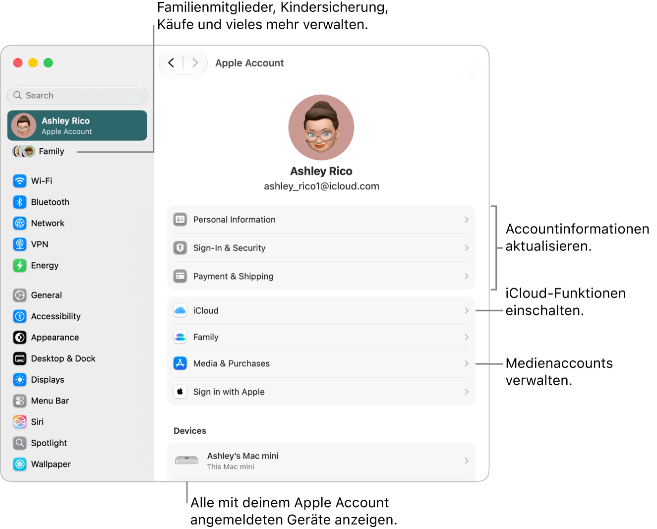 Die Einstellungen „Apple&nbsp;Account“ in den Systemeinstellungen mit Beschriftungen zum Aktualisieren der Accountinformationen, Ein- bzw. Ausschalten von iCloud-Funktionen, Verwalten von Medienaccounts und Anpassen der Einstellungen für „Familie“, um Familienmitglieder, Kindersicherung, Käufe und mehr zu verwalten.