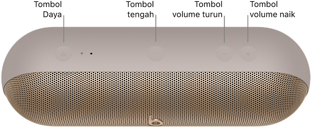 Gambar speaker Beats&nbsp;Pill yang menampilkan lokasi, dari kiri ke kanan, tombol daya, tengah, volume turun, dan volume naik di bagian atas speaker.