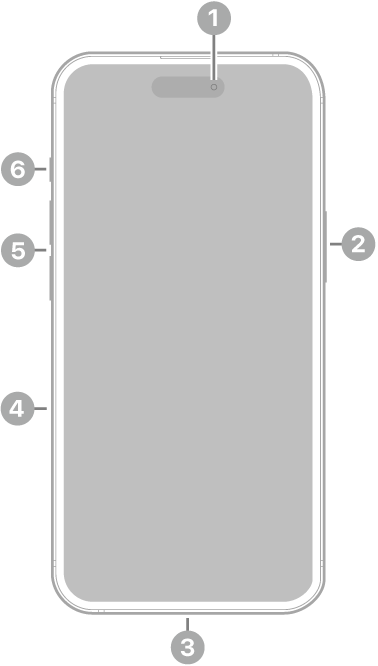 La vue de face de l’iPhone&nbsp;15. La caméra avant se trouve en haut au centre. Le bouton latéral est situé sur le côté droit. Le connecteur USB-C se trouve en bas. Sur le côté gauche, de bas en haut, se trouvent le support pour carte SIM, les boutons de volume et le bouton Sonnerie/Silence.