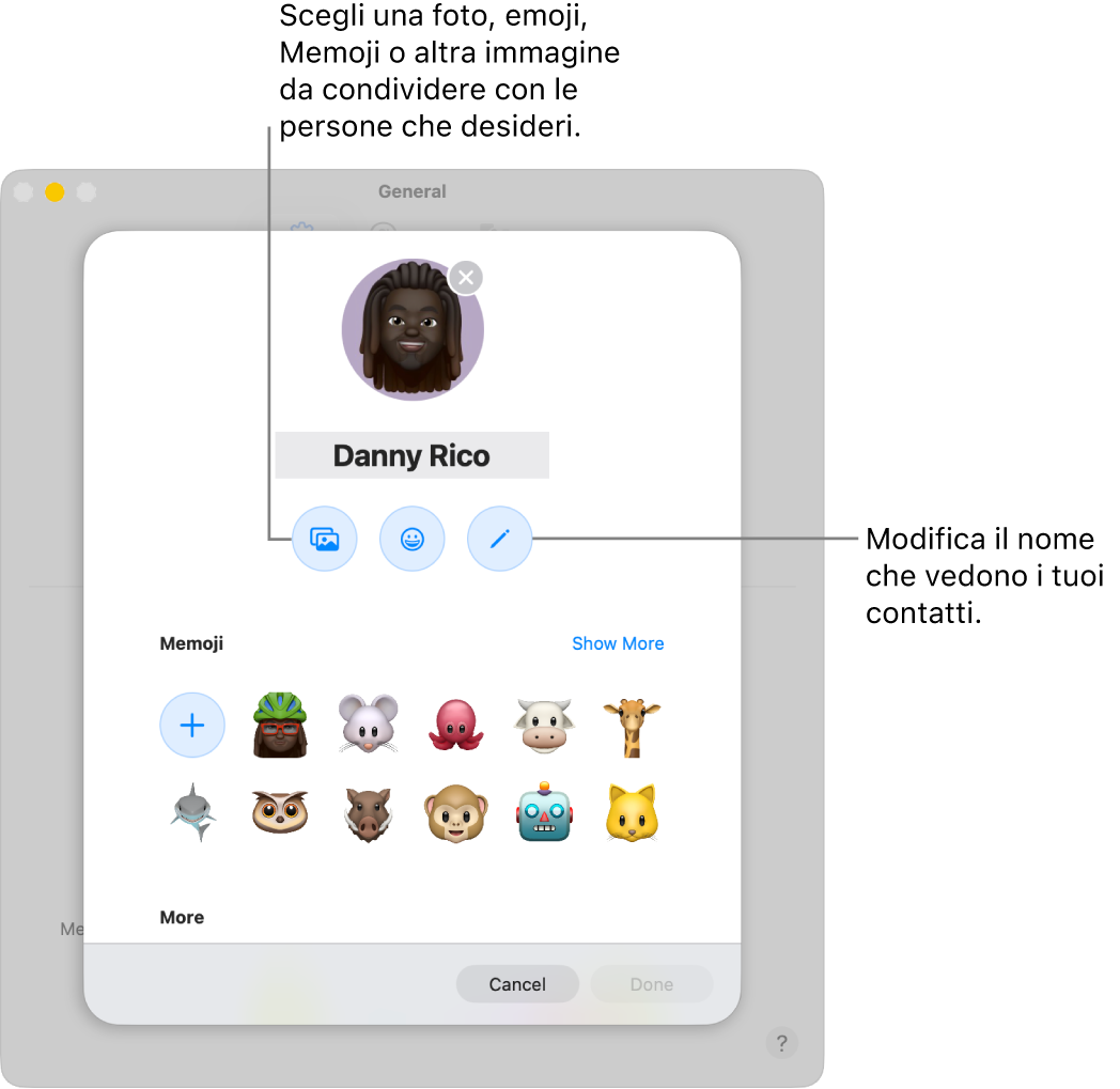 La finestra di dialogo per la condivisione del nome e della foto che mostra le opzioni per modificare il nome visualizzato dai tuoi contatti e per scegliere una foto, un’emoji, una Memoji o un’altra immagine.