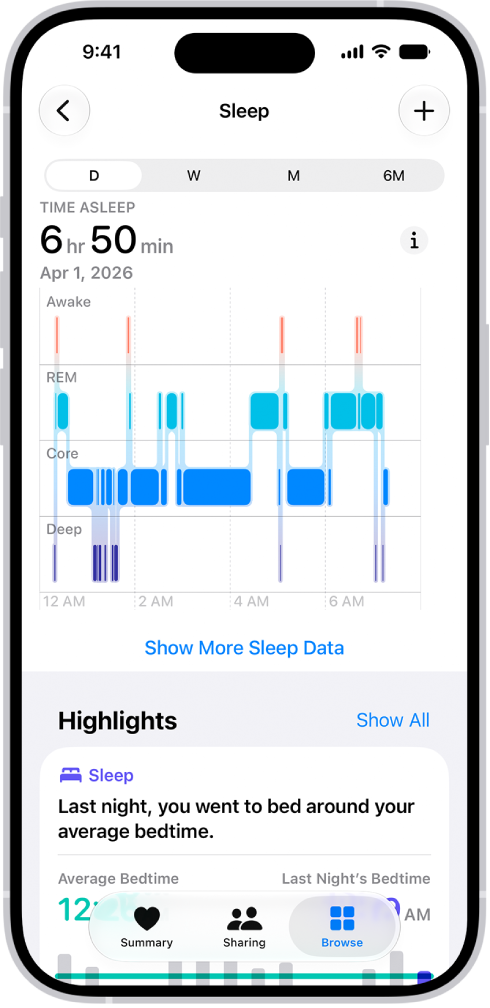 The Sleep screen in Health showing the estimated time spent awake and in REM, Core, and Deep sleep.