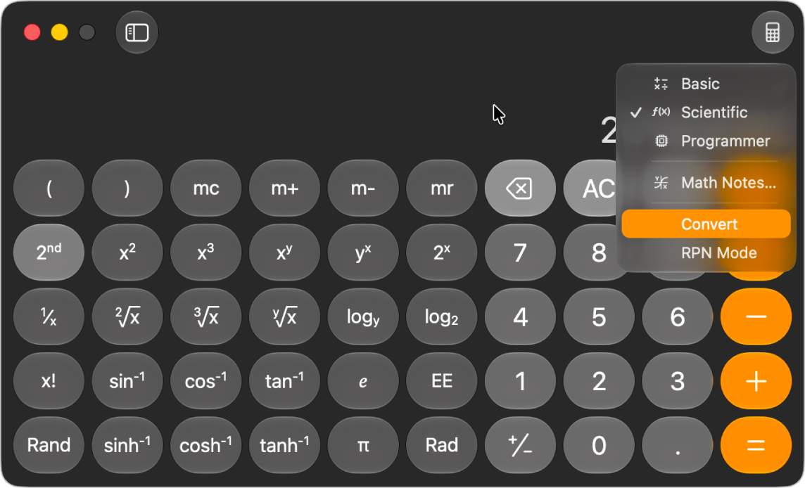 A calculator in scientific mode with the Calculator Mode menu open, and Convert highlighted.