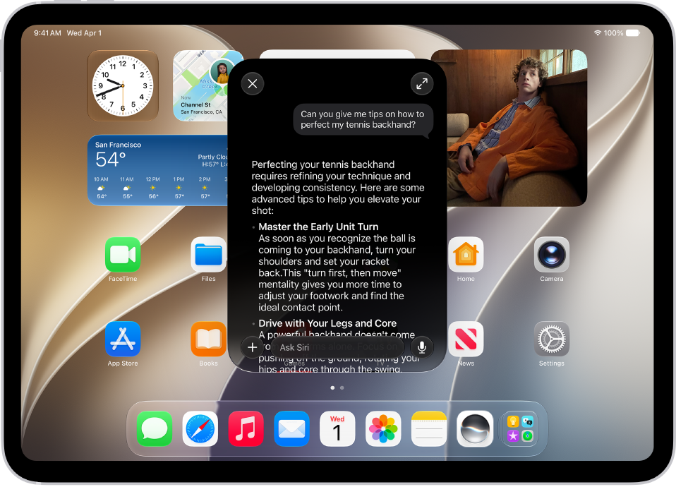 An iPad showing Siri answering a request about how to improve a tennis backhand.