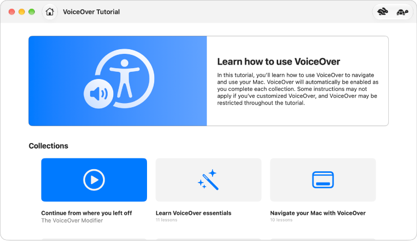 The interactive VoiceOver tutorial with information about learning how to use VoiceOver.