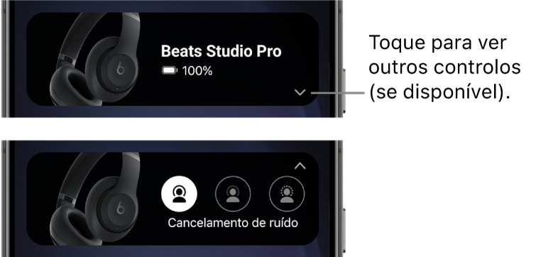 A primeira imagem mostra o widget da aplicação Beats que apresenta os auscultadores Beats&nbsp;Studio&nbsp;Pro ligados e um botão para apresentar outros controlos; a segunda imagem mostra os controlos de cancelamento de ruído no widget.