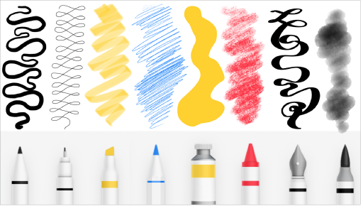 Một số công cụ vẽ Freeform và các nét của chúng: Bút đánh dấu, Bút, Bút tô sáng, Bút chì, Phấn màu, Bút máy và Cọ màu nước.