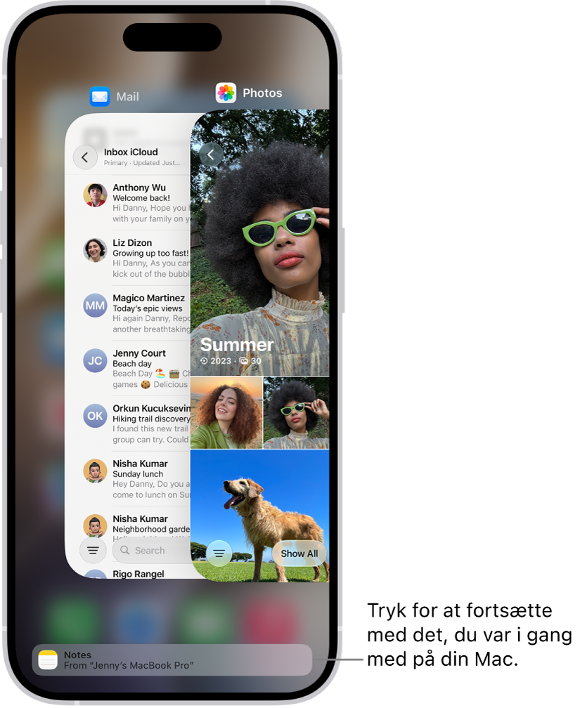 Appskifteren på iPhone, der viser en notifikation om overførsel nederst på skærmen.