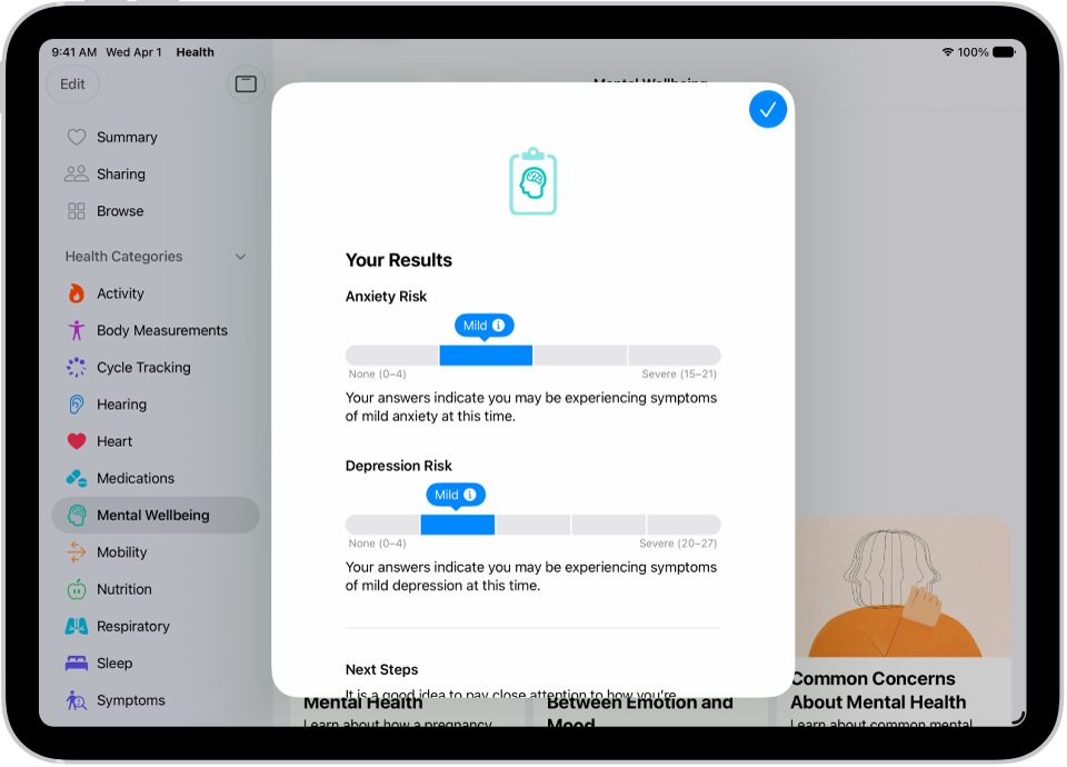 A screen in the Health app showing results of a mental health questionnaire.