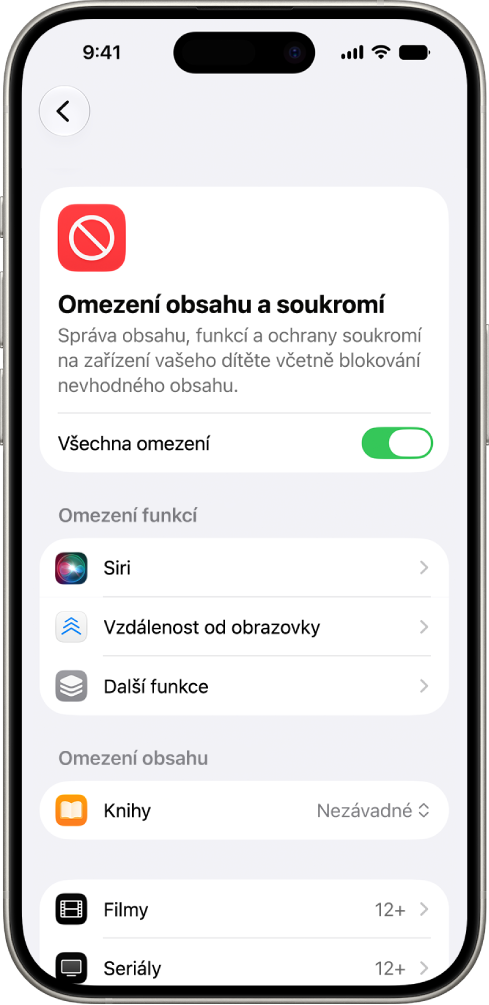 Obrazovka Omezení obsahu a&nbsp;soukromí v&nbsp;Času u&nbsp;obrazovky, na které jsou vidět volby pro omezení funkcí a&nbsp;obsahu.