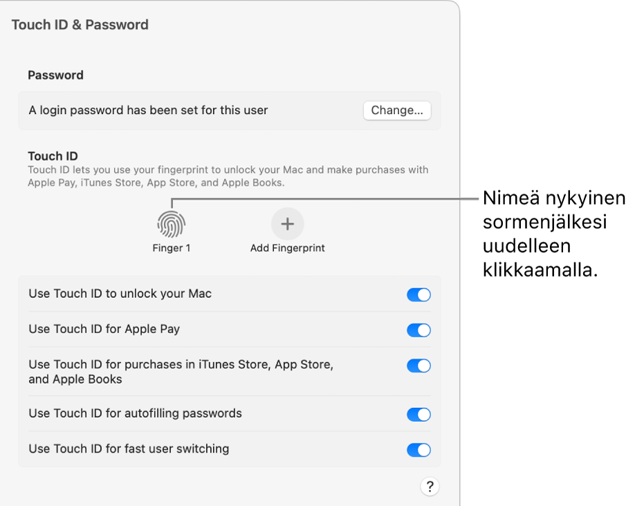 Touch&nbsp;ID ja salasana ‑asetukset, joissa näkyy, että sormenjälki on valmiina ja että sitä voidaan käyttää Macin avaamiseen.