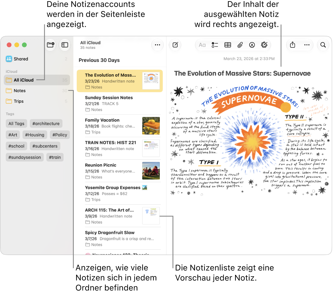 Das Fenster der App „Notizen“ auf dem Mac mit allen konfigurierten Accounts und Ordnern in der Seitenleiste links, mit einer Liste von Notizen inklusive einer Vorschau jeder Notiz in der Mitte und dem Inhalt der aktuell ausgewählten Notiz rechts. Neben jedem Ordner wird die Anzahl der darin enthaltenen Notizen angezeigt.