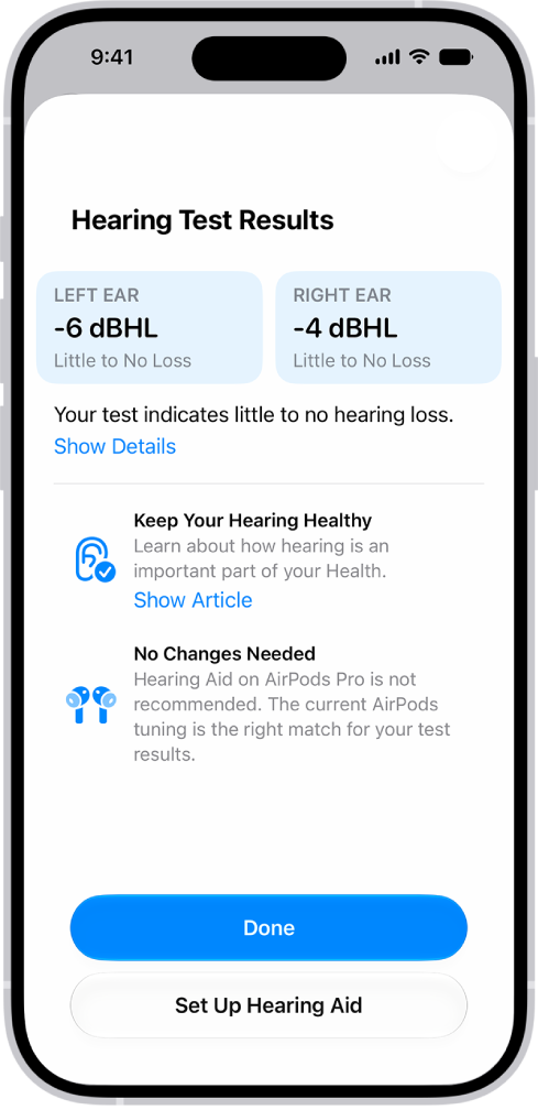 Hearing Test results on iPhone, showing little to no hearing loss in both ears. At the bottom are options to tap Done or set up Hearing Aid.
