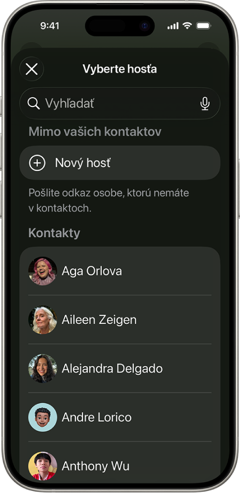 Obrazovka Vyberte hosťa a&nbsp;zoznam kontaktov na ajfoune.