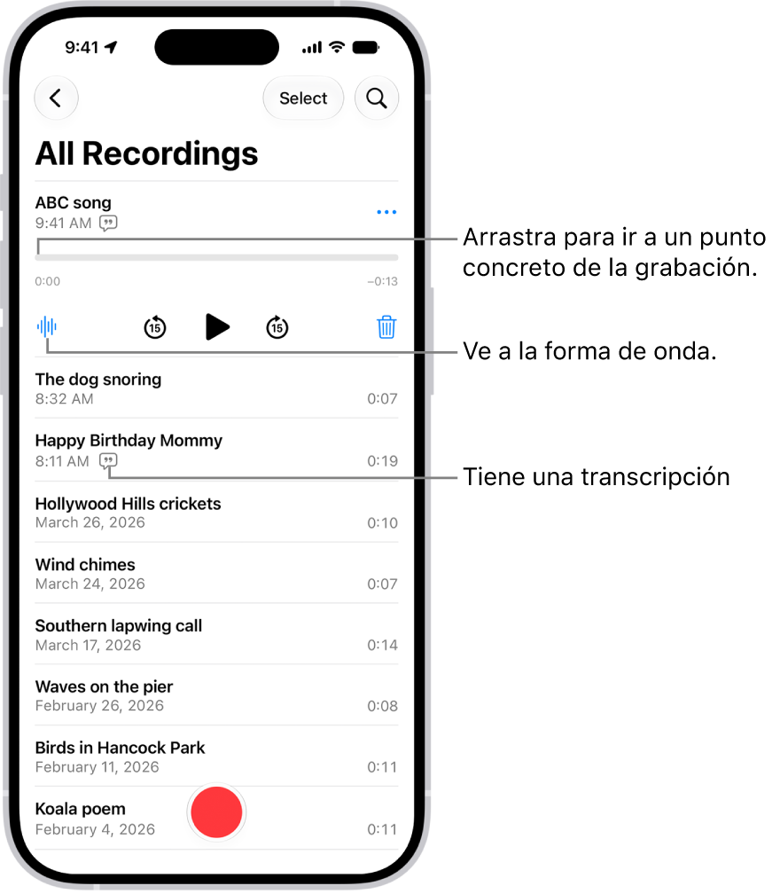 Pantalla de lista de Notas de Voz con una grabación seleccionada arriba. La línea de tiempo de la grabación tiene un cursor de reproducción, que puedes arrastrar para ir a un punto determinado de la grabación. Los controles de reproducción están debajo de la línea de tiempo.