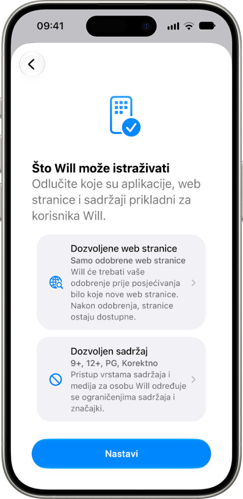Zaslon za podešavanje roditeljskih kontrola koji prikazuje opcije za vrstu sadržaja kojem se može pristupiti, poput aplikacija i web stranica.