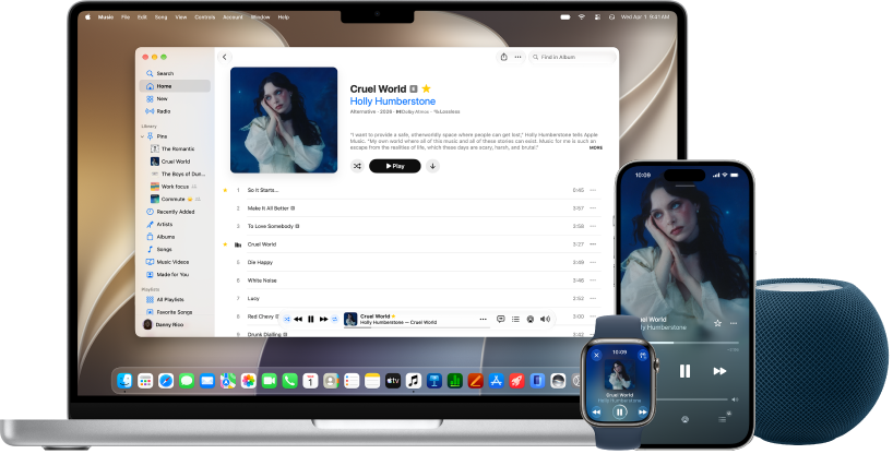A song playing on a Mac, iPhone, and Apple Watch, with a HomePod.