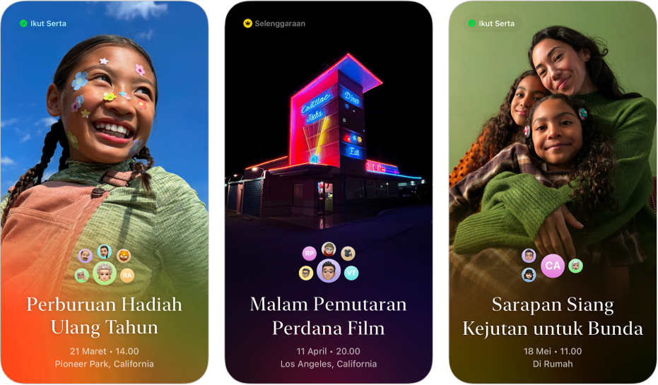 Tiga undangan dari Undangan Apple. Setiap undangan memiliki foto latar belakang, nama, tanggal, waktu, dan lokasi.