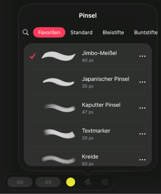 Der Pinsel-Browser im Bereich „Pinsel“ mit den Pinselkategorien und den Pinselstrichen, die in der aktuell ausgewählten Kategorie verfügbar sind.