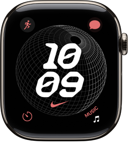 The Nike Globe watch face showing a digital clock in the middle with four complications: Workout at the top left, Messages at the top right, Timer at the bottom left, and Music at the bottom right.