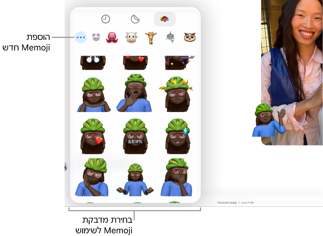 חלון ״הודעות״ המציג אפשרויות של Memoji ומדבקת Memoji על הודעה.