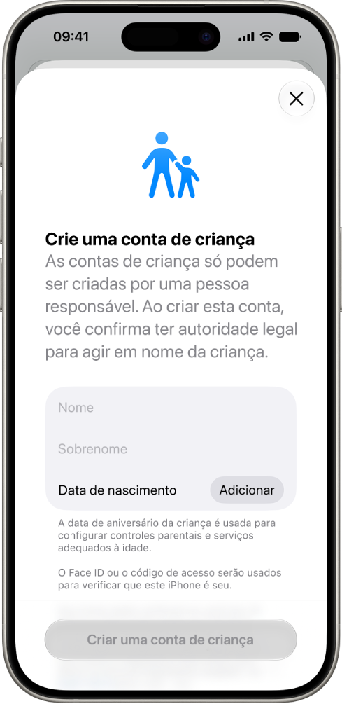 A tela Criar Conta para uma Criança, mostrando opções para adicionar o primeiro nome, o sobrenome e a data de nascimento.