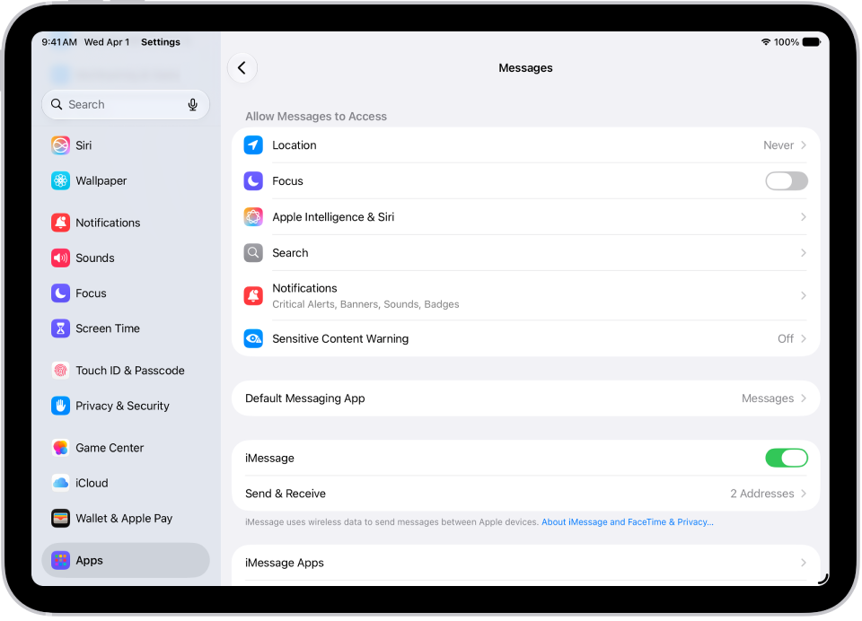 Der Einstellungsbereich „Nachrichten“. „iMessage“ ist aktiviert.