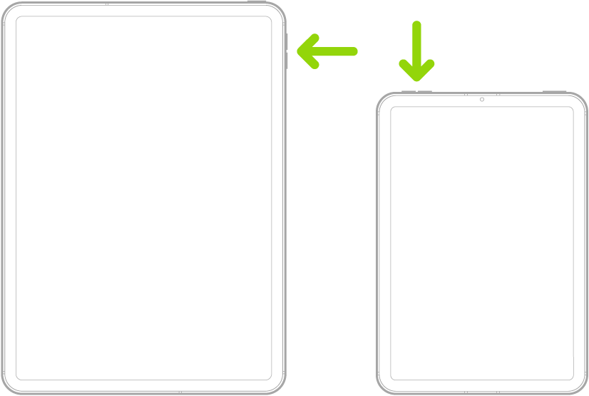 Vue de face de deux modèles différents d’iPad. Sur le modèle de gauche, les boutons de volume se trouvent près du coin supérieur droit et le bouton supérieur en haut à droite. Sur le modèle de droite, les boutons de volume se trouvent en haut à gauche et le bouton supérieur/capteur Touch&nbsp;ID en haut à droite.