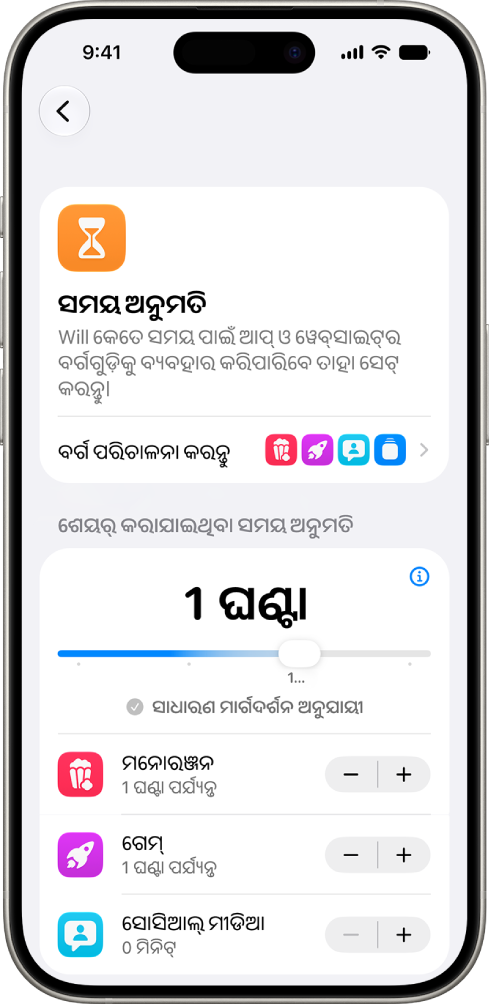 ସ୍କ୍ରୀନ୍ ଟାଇମ୍ ସେଟିଂସ୍‌ରେ ଥିବା ସମୟ ଅନୁମତି ସ୍କ୍ରୀନ୍‌ରେ, ମନୋରଞ୍ଜନ, ଗେମ୍ ଏବଂ ସୋଶିଅଲ୍ ମୀଡିଆ ପାଇଁ ଅନୁମତିପ୍ରାପ୍ତ ସମୟର ପରିମାଣ ଦେଖାଯାଉଛି।