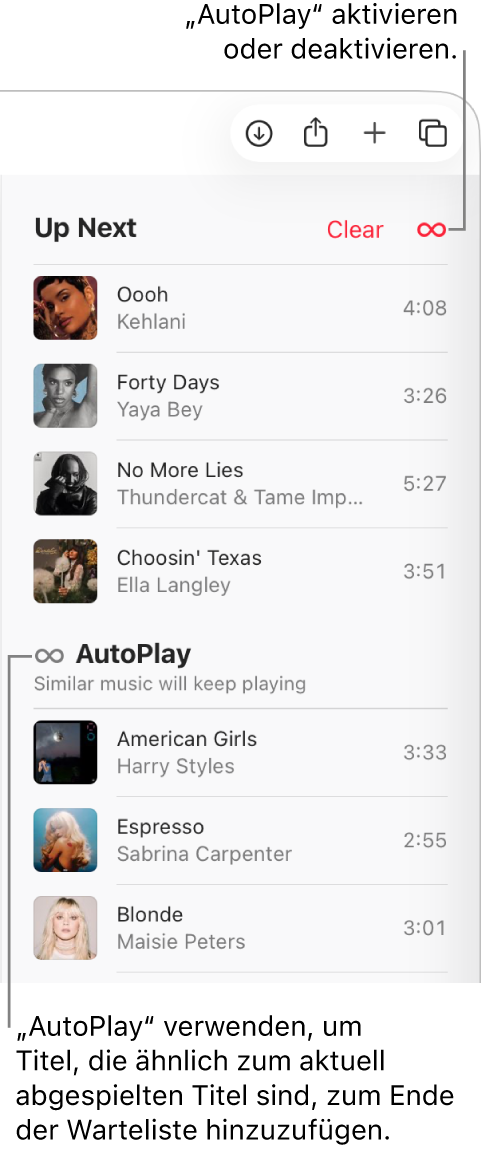 Die Warteliste „Als Nächstes“ oben in Apple&nbsp;Music mit den Tasten „Löschen“ und „Autoplay“. AutoPlay ist aktiviert.