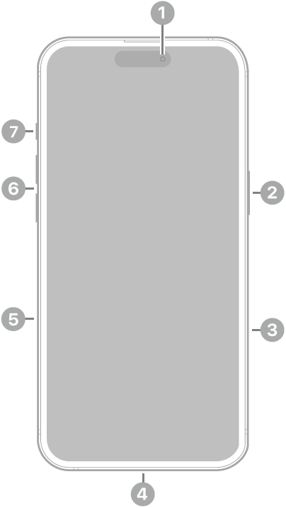 Vedere din față a unui iPhone 16 Plus. Camera frontală se află în mijlocul părții de sus. Butonul lateral și butonul Comenzi cameră se află în dreapta. Conectorul USB-C se află în partea de jos. În partea stângă, de sus în jos, se află compartimentul SIM, butoanele de volum și butonul Acțiune.