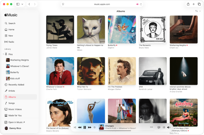 The Apple Music window in Safari with a library of multiple albums.