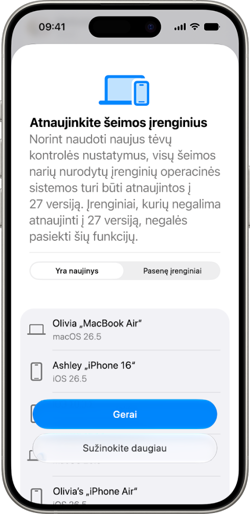 Šeimos įrenginių atnaujinimo ekranas, kuriame matomi įrenginiai, kuriuos reikia atnaujinti, ir pasenę įrenginiai.