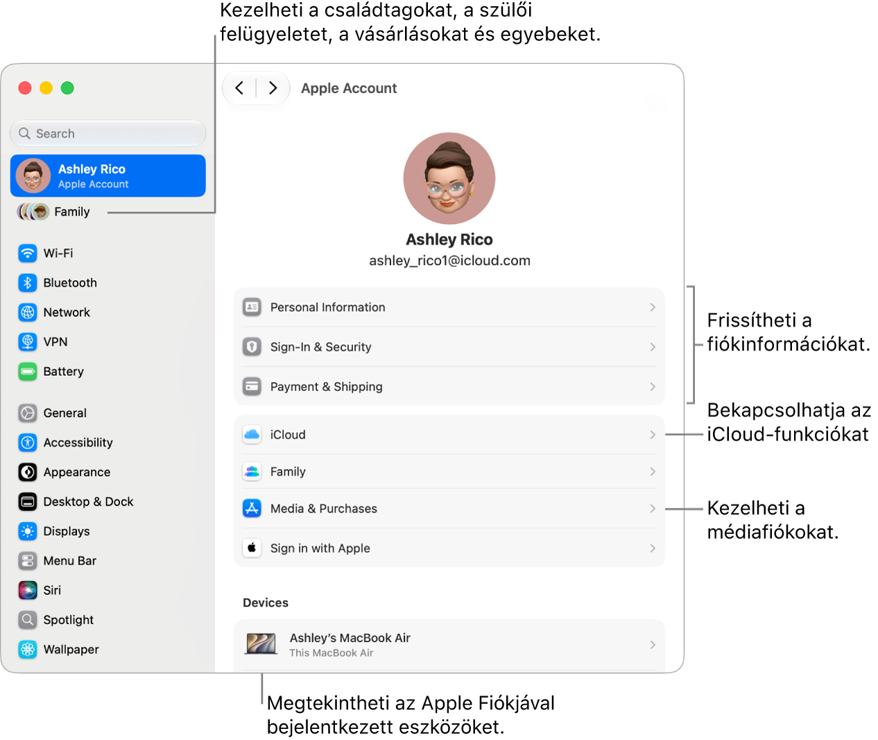 Az Apple-fiók beállításai a Rendszerbeállításokban a fiókadatok frissítésére, az iCloud-funkciók be- vagy kikapcsolására, a médiafiókok kezelésére és a családi beállítások módosítására, vagyis a családtagok, a szülői felügyelet, a vásárlások stb. kezelésére mutató képfeliratokkal.
