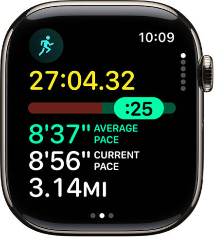 The Workout app on Apple&nbsp;Watch showing the Pacer view in an Outdoor Run workout. At the top is the duration of the run. Below is a slider indicating how far or behind you are in your pace. Average Pace, Current Pace, and distance are below.