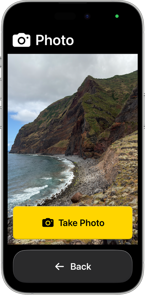 An iPhone in Assistive Access showing the Camera app open with one large button for taking a photo and another large button for going back to the previous screen.