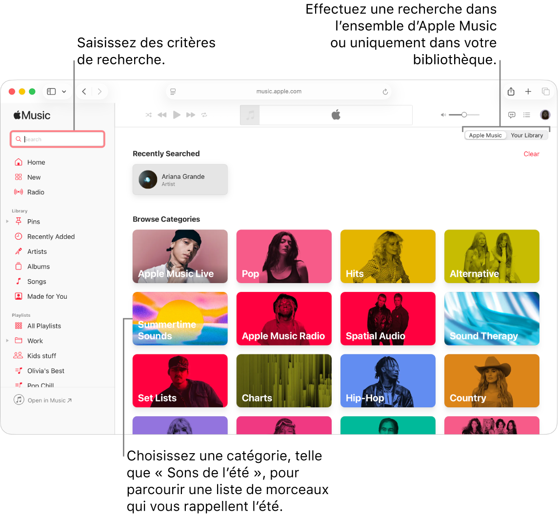 La fenêtre Apple Music, avec le champ de recherche dans le coin supérieur gauche, la liste de catégories au centre de la fenêtre et « Apple Music » ou « Votre bibliothèque » disponibles dans le coin supérieur droit. Saisissez des critères de recherche dans le champ de recherche, puis choisissez d’effectuer la recherche dans tout Apple Music ou seulement dans votre bibliothèque. Choisissez au besoin une catégorie, comme « Sons de lʼété », pour parcourir une liste de morceaux qui rappellent l’été.