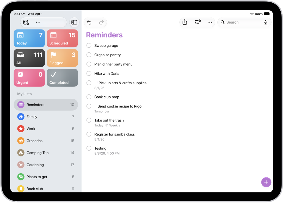 The Reminders app, showing a new task being added to the Reminders list.