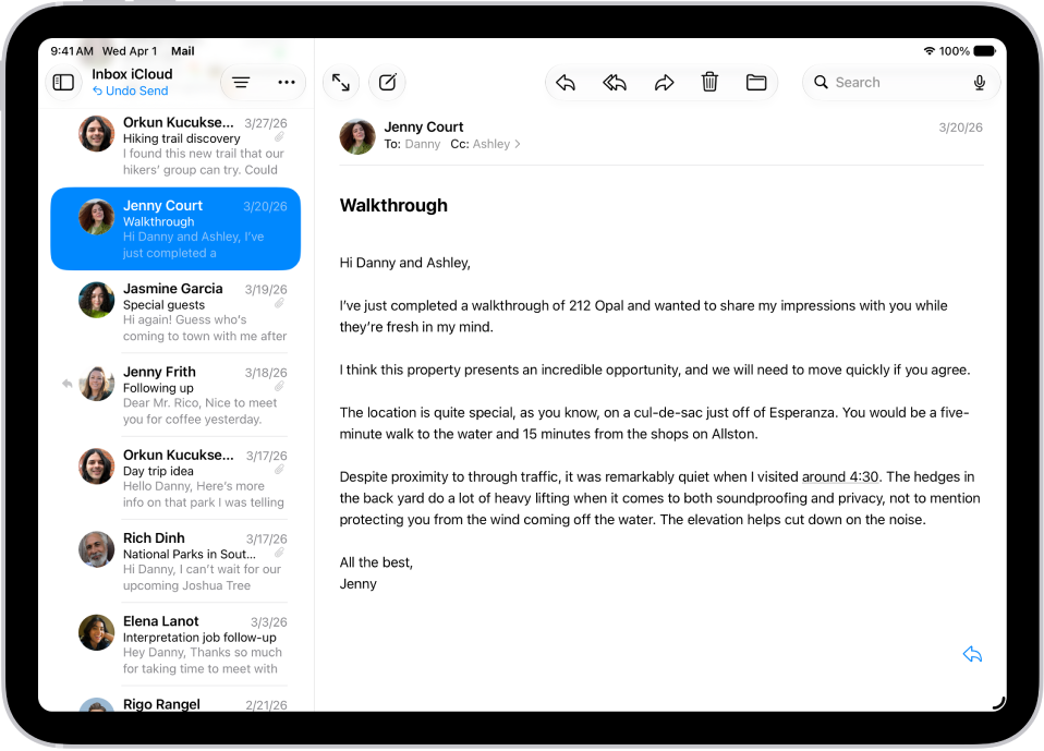 The Mail Inbox, with the list of messages on the left, and an open message on the right. The Undo Send button (for pulling back a recently sent message) is at the bottom of the message list.