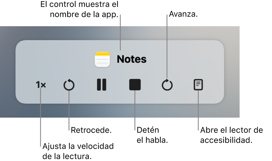 El controlador en pantalla que se puede mostrar cuando tu Mac lee en voz alta el texto seleccionado. El controlador incluye seis botones para que puedas, de izquierda a derecha, ajustar la velocidad del habla, retroceder, reproducir o pausar el habla, detener el habla, avanzar y abrir el lector de accesibilidad. El nombre de la app se muestra en la parte superior del controlador.