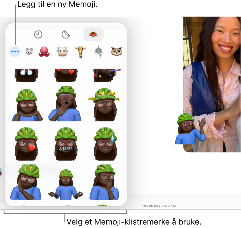Meldinger-vinduet som viser Memoji-alternativer og et Memoji-klistremerke på en melding.