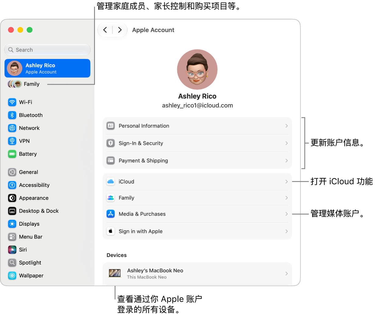 “系统设置”中的“Apple 账户”设置，包含更新账户信息、打开或关闭 iCloud 功能、管理媒体账户和调整“家人共享”设置（可在其中管理家庭成员、家长控制和购买项目等）的标注框。