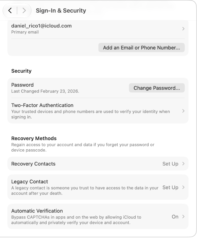 Apple&nbsp;Account settings showing the Sign-In & Security settings for an existing account.