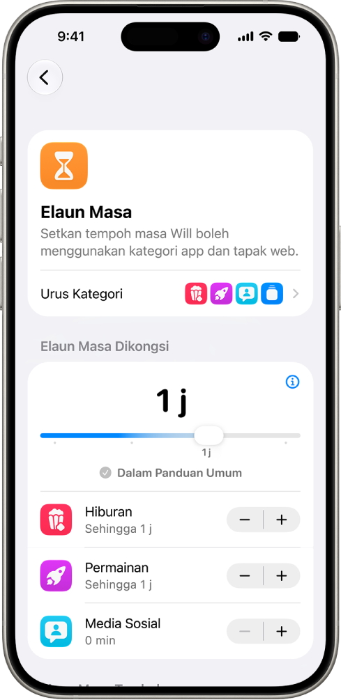Skrin Elaun Masa dalam seting Masa Skrin menunjukkan jumlah masa yang dibenarkan untuk Hiburan, Permainan dan Media Sosial.