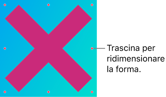 Una X in grafica vettoriale con maniglie di ridimensionamento.