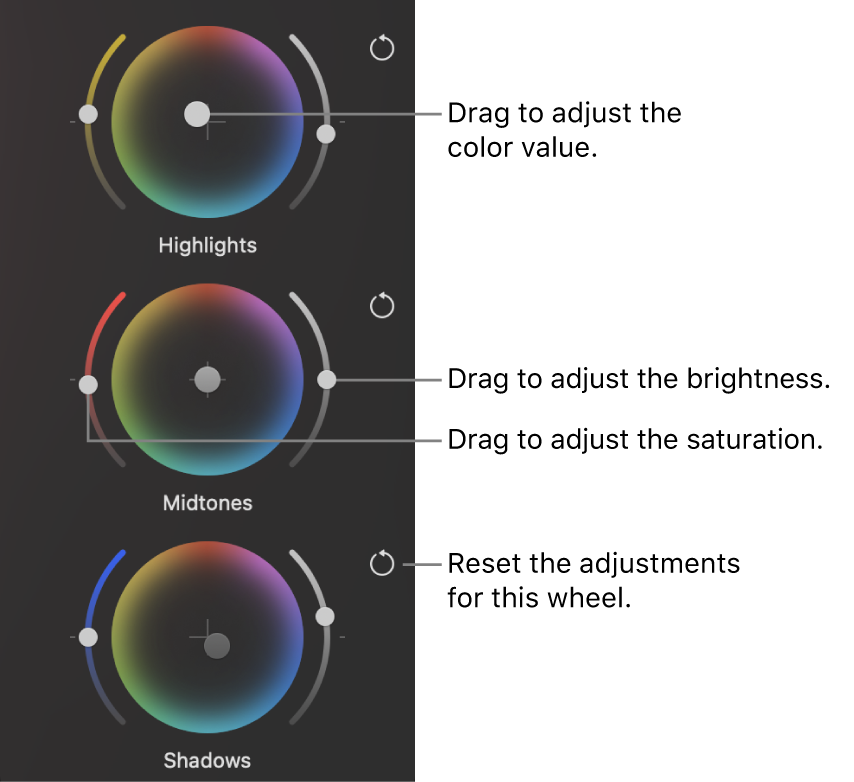 The 3-Way Color wheel controls in the Color Adjustments pane.