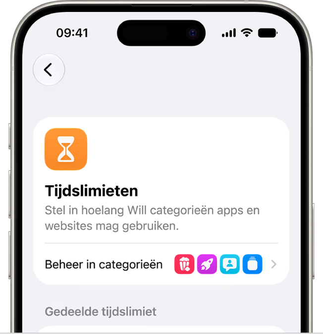 Het paneel 'Tijdslimieten' in de instellingen voor 'Schermtijd'.