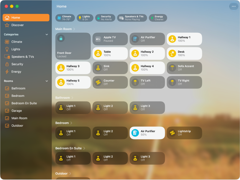The Home screen displaying accessory categories along the top, followed by camera feeds, scene tiles, and accessory tiles in the room “Entry.”
