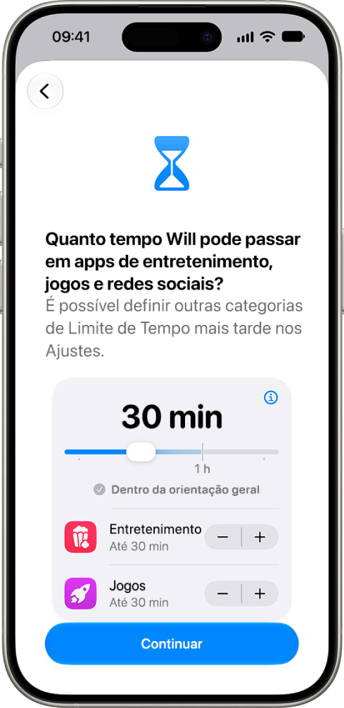 A tela de configuração dos controles parentais mostrando a quantidade de tempo permitida nas categorias de apps, como Rede Social e Entretenimento.